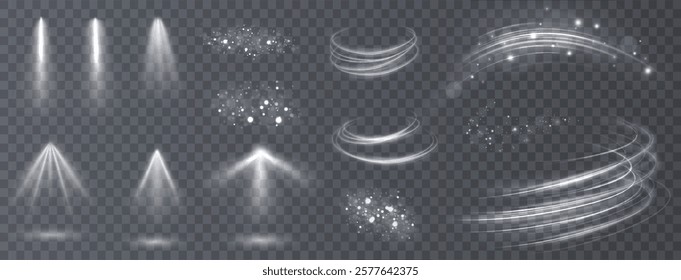 Light effects. Isolated white transparent light effects, glare, explosion, sparkle, dust, line, solar flare, spark and stars, spotlight, curve rotation. Sunlight, abstract special effect.	