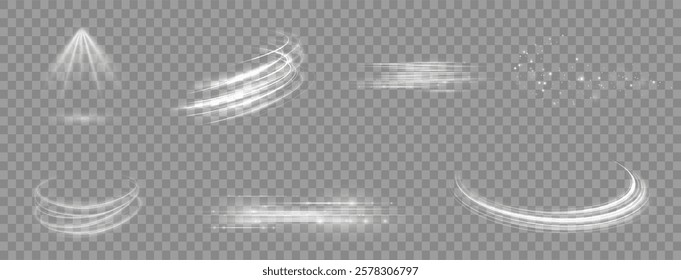 Light effects. Isolated white transparent light effects, glare, explosion, sparkle, dust, line, solar flare, spark and stars, spotlight, curve rotation. Sunlight, abstract special effect.	