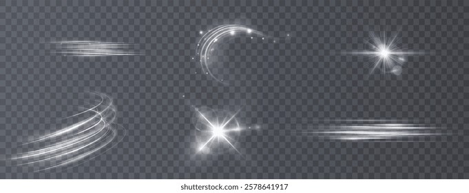 Light effects. Isolated white transparent light effects, glare, explosion, sparkle, dust, line, solar flare, spark and stars, spotlight, curve rotation. Sunlight, abstract special effect.	