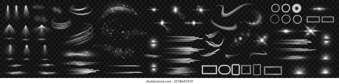 Light effects. Isolated white transparent light effects, glare, explosion, sparkle, dust, line, solar flare, spark and stars, spotlight, curve rotation. Sunlight, abstract special effect.	