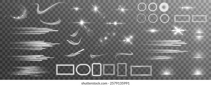 Light effects. Isolated white transparent light effects, glare, explosion, sparkle, dust, line, solar flare, spark and stars, spotlight, curve rotation. Sunlight, abstract special effect.	