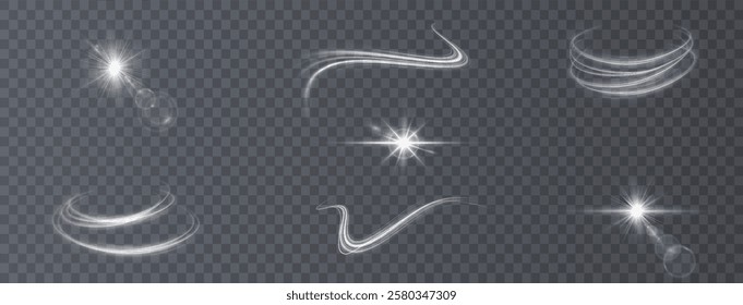 Light effects. Isolated white transparent light effects, glare, explosion, sparkle, dust, line, solar flare, spark and stars, spotlight, curve rotation. Sunlight, abstract special effect.	