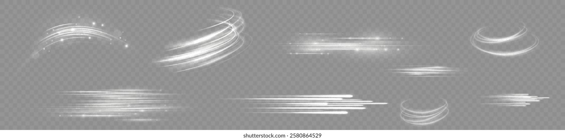 Light effects. Isolated white transparent light effects, glare, explosion, sparkle, dust, line, solar flare, spark and stars, spotlight, curve rotation. Sunlight, abstract special effect.	