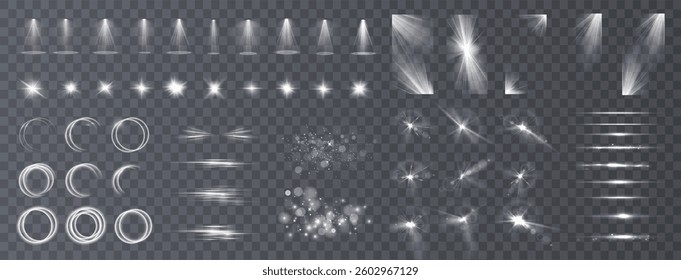Light effects. Isolated white transparent light effects, glare, explosion, sparkle, dust, line, solar flare, spark and stars, spotlight, curve rotation. Sunlight, abstract special effect