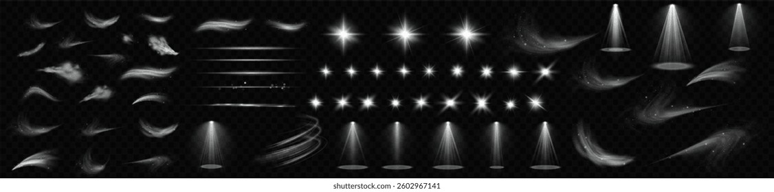 Light effects. Isolated white transparent light effects, glare, explosion, sparkle, dust, line, solar flare, spark and stars, spotlight, curve rotation. Sunlight, abstract special effect.