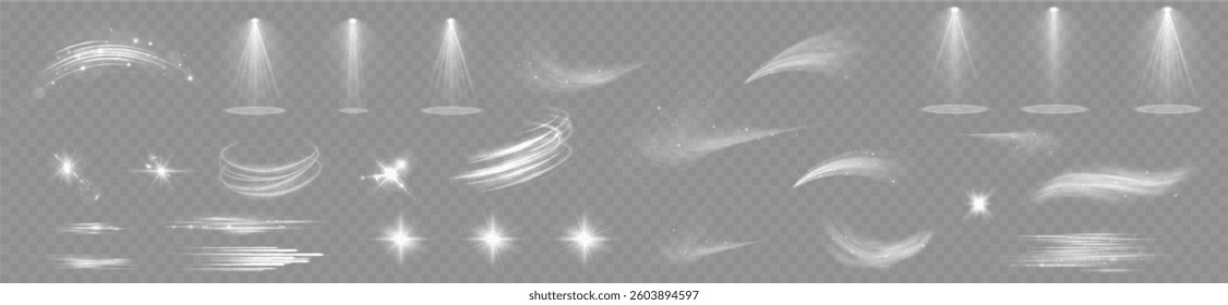 Light effects. Isolated white transparent light effects, glare, explosion, sparkle, dust, line, solar flare, spark and stars, spotlight, curve rotation. Sunlight, abstract special effect.