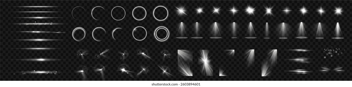 Light effects. Isolated white transparent light effects, glare, explosion, sparkle, dust, line, solar flare, spark and stars, spotlight, curve rotation. Sunlight, abstract special effect