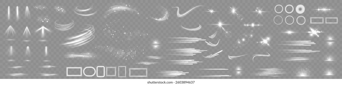 Light effects. Isolated white transparent light effects, glare, explosion, sparkle, dust, line, solar flare, spark and stars, spotlight, curve rotation. Sunlight, abstract special effect	