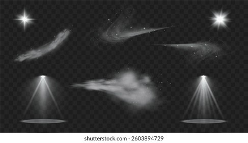 Light effects. Isolated white transparent light effects, glare, explosion, sparkle, dust, line, solar flare, spark and stars, spotlight, curve rotation. Sunlight, abstract special effect.