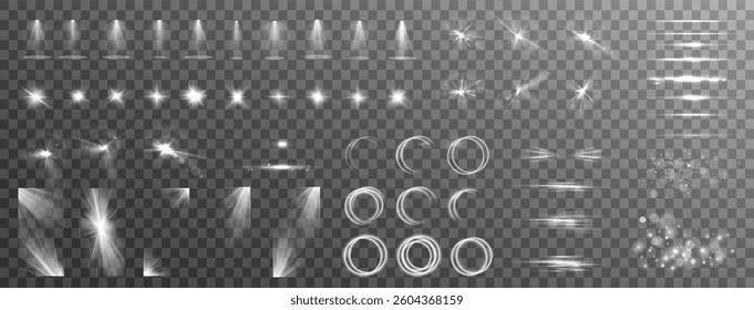 Light effects. Isolated white transparent light effects, glare, explosion, sparkle, dust, line, solar flare, spark and stars, spotlight, curve rotation. Sunlight, abstract special effect