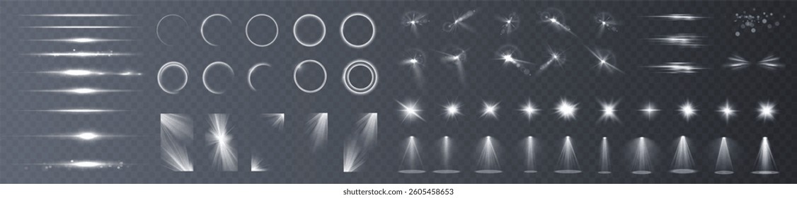 Light effects. Isolated white transparent light effects, glare, explosion, sparkle, dust, line, solar flare, spark and stars, spotlight, curve rotation. Sunlight, abstract special effect