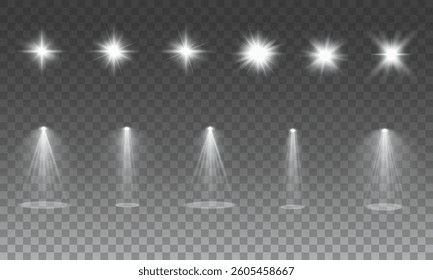 Light effects. Isolated white transparent light effects, glare, explosion, sparkle, dust, line, solar flare, spark and stars, spotlight, curve rotation. Sunlight, abstract special effect.