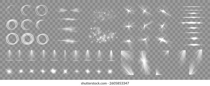 Light effects. Isolated white transparent light effects, glare, explosion, sparkle, dust, line, solar flare, spark and stars, spotlight, curve rotation. Sunlight, abstract special effect