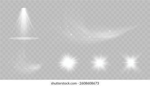 Light effects. Isolated white transparent light effects, glare, explosion, sparkle, dust, line, solar flare, spark and stars, spotlight, curve rotation. Sunlight, abstract special effect.	
