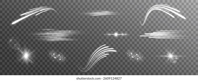 Light effects. Isolated white transparent light effects, glare, explosion, sparkle, dust, line, solar flare, spark and stars, spotlight, curve rotation. Sunlight, abstract special effect.	
