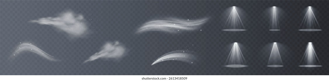 Light effects. Isolated white transparent light effects, glare, explosion, sparkle, dust, line, solar flare, spark and stars, spotlight, curve rotation. Sunlight, abstract special effect.	
