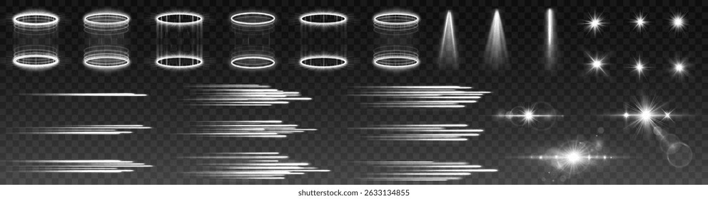 Efectos de luz. Efectos de luz transparente blanca aislada, deslumbramiento, explosión, chispa, polvo, línea, destello solar, chispa y estrellas, foco, rotación de curva. Luz del sol, efecto especial abstracto.	
