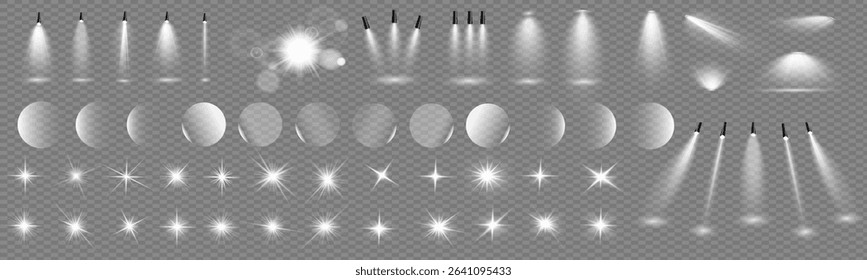 Light effects. Isolated white transparent light effects, glare, explosion, sparkle, dust, line, solar flare, sparks and stars, spotlight, curve rotation. Sunlight, abstract special effect.PNG