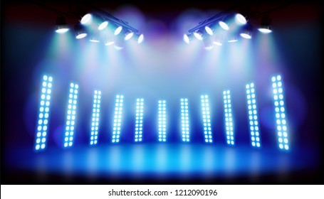 Light effects on the stage during performances. Vector illustration.
