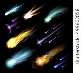 Light effects set with colorful meteors fireballs and comets isolated on black background vector illustration