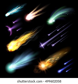 Light effects set with colorful meteors fireballs and comets isolated on black background vector illustration