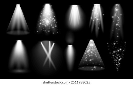 Light effects set. Concert lighting from spotlights of different shapes collection. Light effects with glitter sparkles and magic glow set of transparent design elements isolated vector illustration