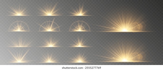 Light effects set: explosions and stars. Glow isolated golden transparent light effect set, explosion, glitter, dust, sun flash, sparkle and stars. Sunlight, abstract special effect.