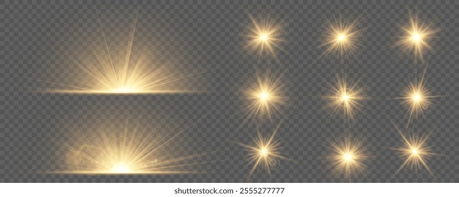 Light effects set: explosions and stars. Glow isolated golden transparent light effect set, explosion, glitter, dust, sun flash, sparkle and stars. Sunlight, abstract special effect.