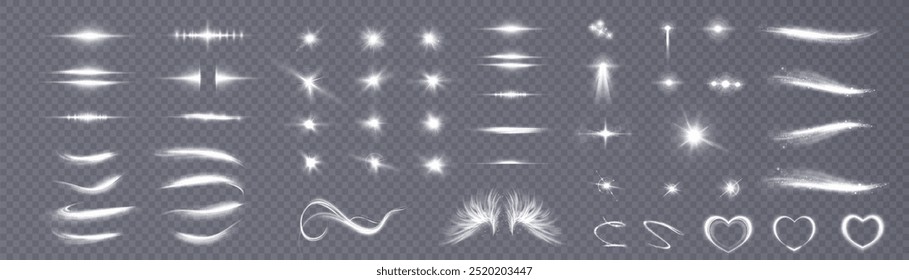 Light effects set. Glowing isolated set of bright transparent light effects, glare, explosions, shine, wings, lines, sun glare, sparks and stars, curve. Sunlight, abstract special effect.	
