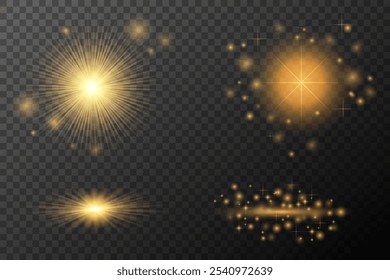 Destello aislado dorado, explosión, línea de polvo brillante, destello del sol, chispa de la estrella, luz de neón, elemento del Vector