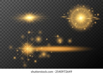 Light Effects Set Golden isolated flare, explosion, shiny dust line, sun flare, star spark, neon light, vector element