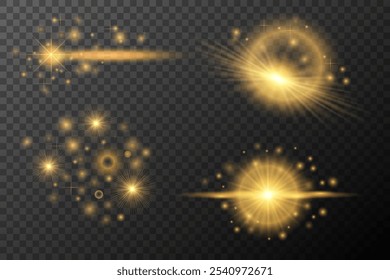 Destello aislado dorado, explosión, línea de polvo brillante, destello del sol, chispa de la estrella, luz de neón, elemento del Vector