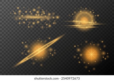 Lichteffekte Set Goldene Einzelfackel, Explosion, glänzende Staublinie, Sonnenfackel, Sternenfunken, Neonlicht, Vektorelement