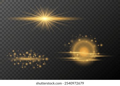 Conjunto de efeitos de luz Flare isolada dourada, explosão, linha de poeira brilhante, clarão solar, faísca de estrela, luz de néon, elemento vetorial
