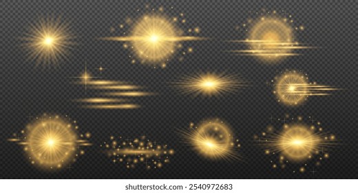 Light Effects Set Golden isolated flare, explosion, shiny dust line, sun flare, star spark, neon light, vector element