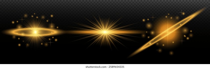 Light Effects Set Golden isolated flare, explosion, shiny dust line, sun flare, star spark, neon light, vector element
