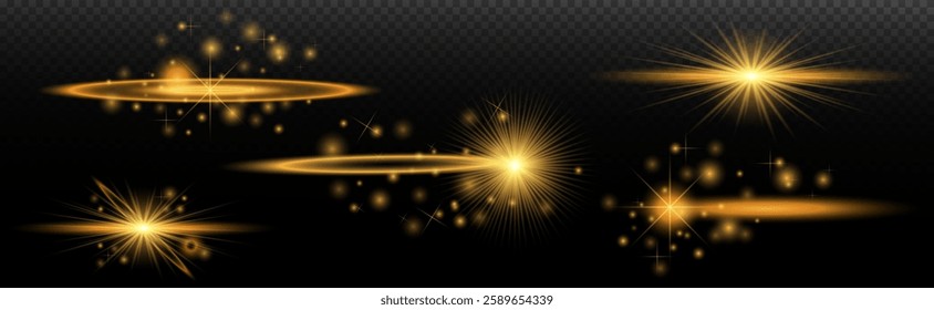 Light Effects Set Golden isolated flare, explosion, shiny dust line, sun flare, star spark, neon light, vector element