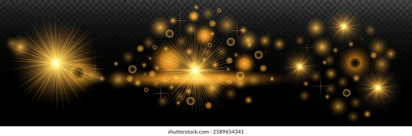 Light Effects Set Golden isolated flare, explosion, shiny dust line, sun flare, star spark, neon light, vector element