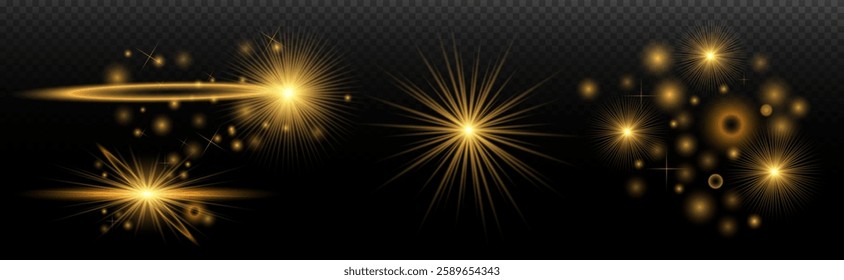 Light Effects Set Golden isolated flare, explosion, shiny dust line, sun flare, star spark, neon light, vector element