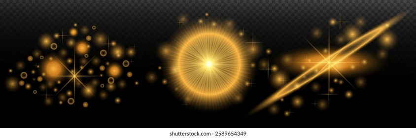 Light Effects Set Golden isolated flare, explosion, shiny dust line, sun flare, star spark, neon light, vector element