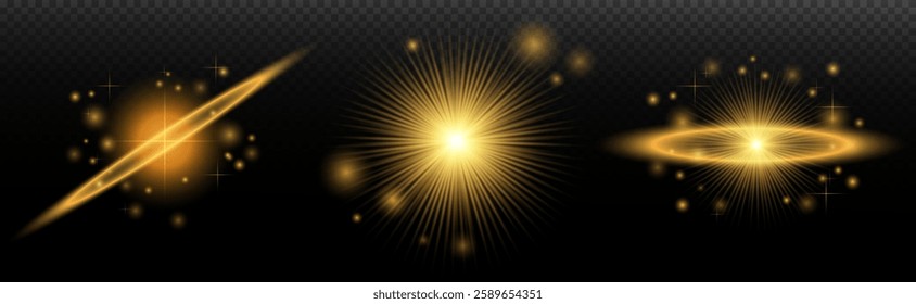 Light Effects Set Golden isolated flare, explosion, shiny dust line, sun flare, star spark, neon light, vector element