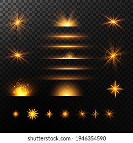 Light effects set, golden stars, bokeh,glittering particles.
