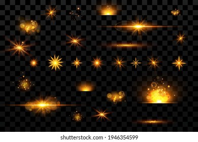 Light effects set, golden stars, bokeh,glittering particles.