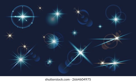 Conjunto de efeitos de luz de elementos isolados. Coleção de estrelas azuis e amarelas e cintilantes, brilhando com halo flare de lente macia, brilhando cintilantes mágicos vibrantes com partículas. Ilustração vetorial.