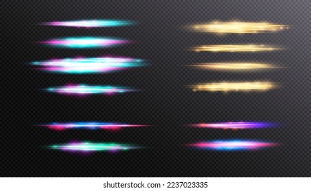 Light effects set of light lines isolated on transparent background. Light lines with rays and highlights. Glow effect. Laser light with shimmering sparkles.