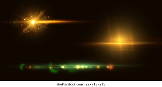 Light effects set of light lines isolated on transparent background. Light lines with rays and highlights. Glow effect. Laser light with shimmering sparkles.	