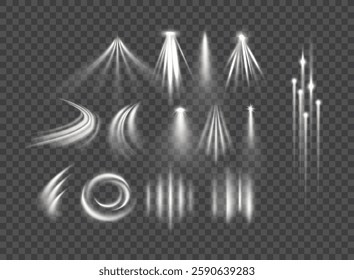 Light effects set showing various beams and flares in a glowing style on transparent background. Concept of lighting effects. Vector illustration