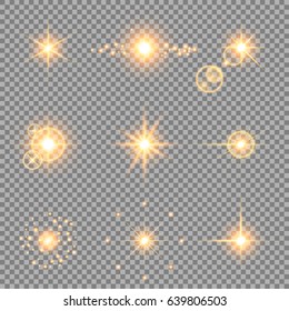 Efectos de luz definidos. Ilustración vectorial de luces doradas brillantes abstractas, destellos, lentes, estrellas y chispas sobre fondo transparente para su diseño