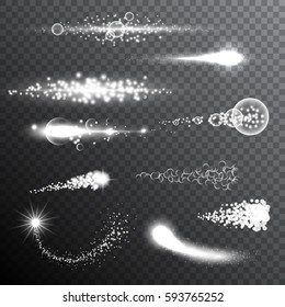 Light effects. Sparkling and shining flashes with bright light trails. Transparent vector illustration 