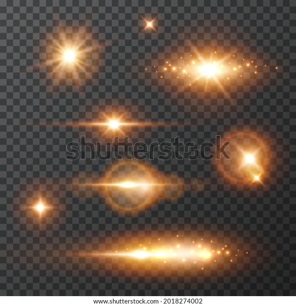 Light effects, star burst with sparkles isolated on\
transparent background. Sun flash rays or gold spotlight. Glow\
magic flare set 